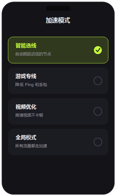 加速器加速模式设置界面截图,智能选线与游戏专线